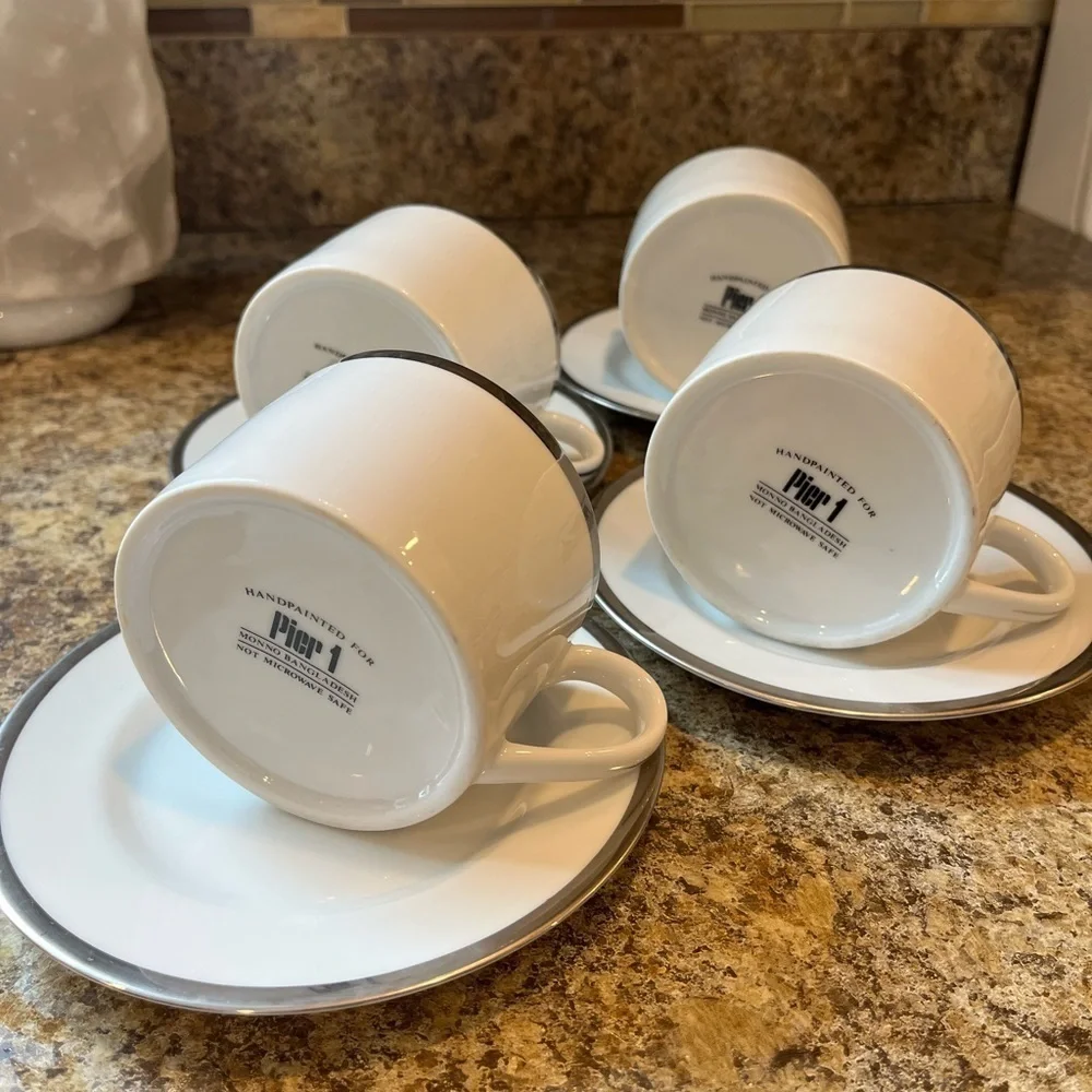 Pier 1 Monno Bangladesh Elegant White and Silver Tea Cups and Saucers Set of 4
